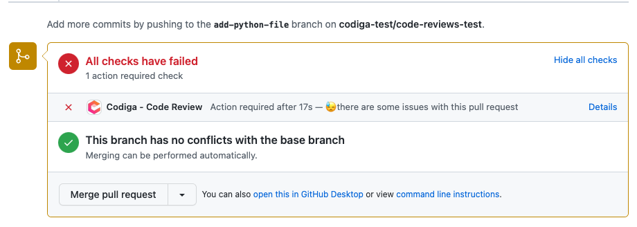 Code Review Status with Codiga status