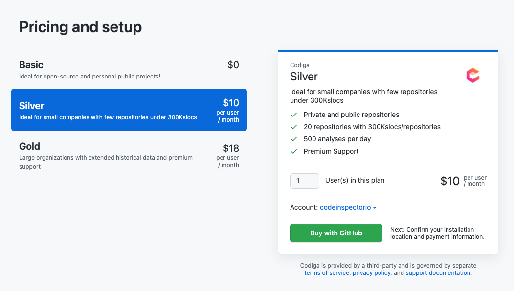 Codiga GitHub Markeplace Pricing