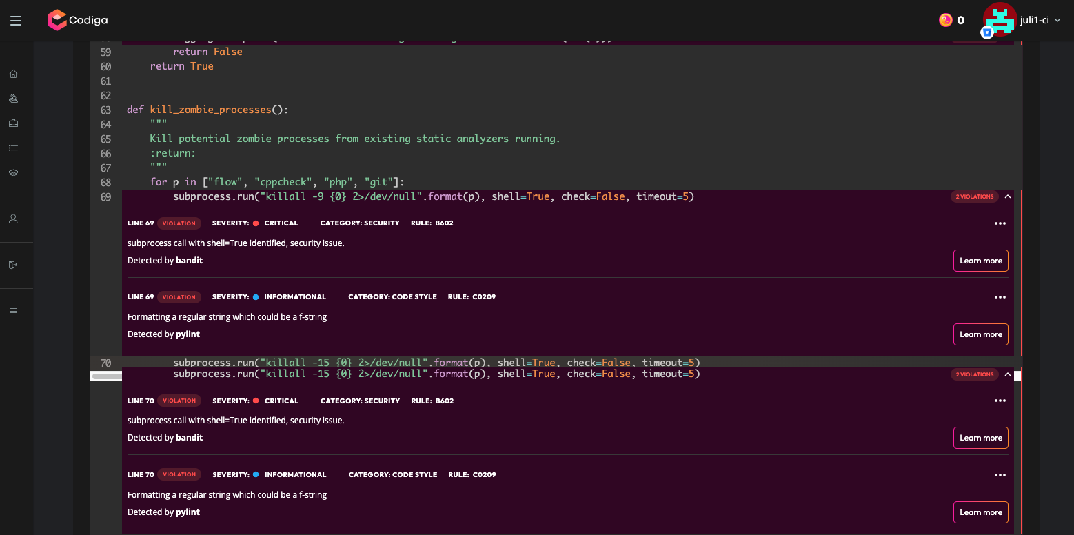 Codiga flags insecure Python code